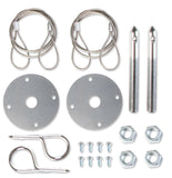 Hood pin kit with hairpin style clips, lanyard cables, and scuff plates.