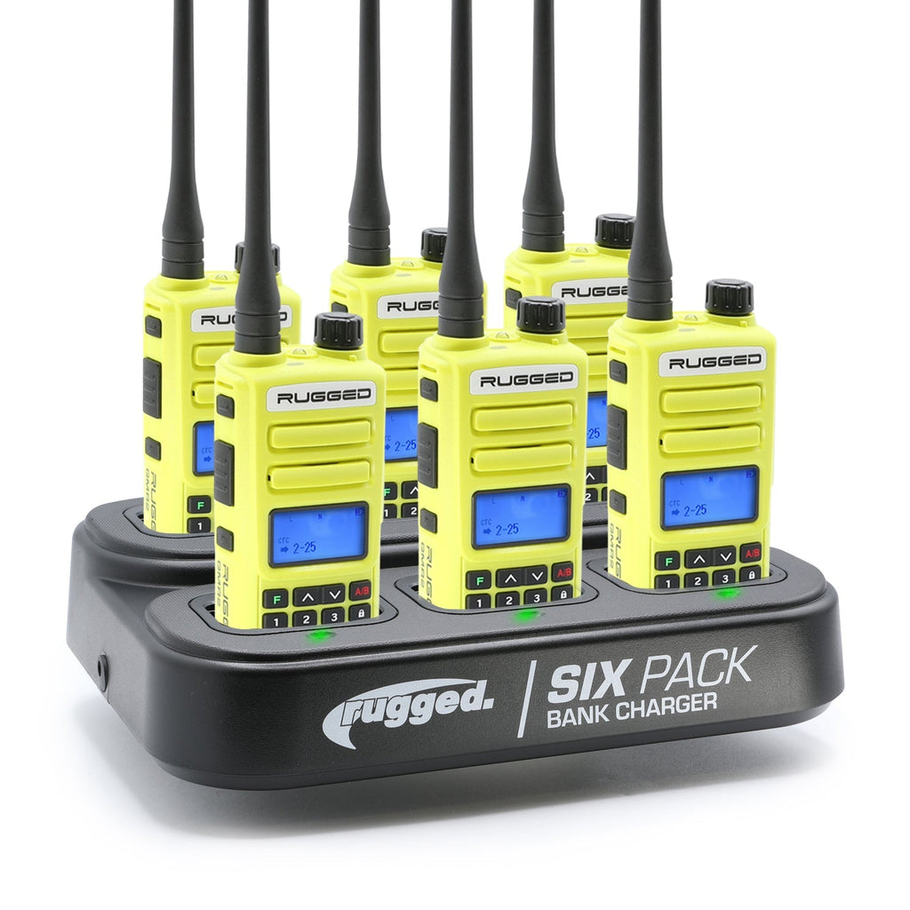 6 Pack - Rugged GMR2 PLUS - GMRS and FRS Two Way Handheld Radios with Bank Charger - Grey