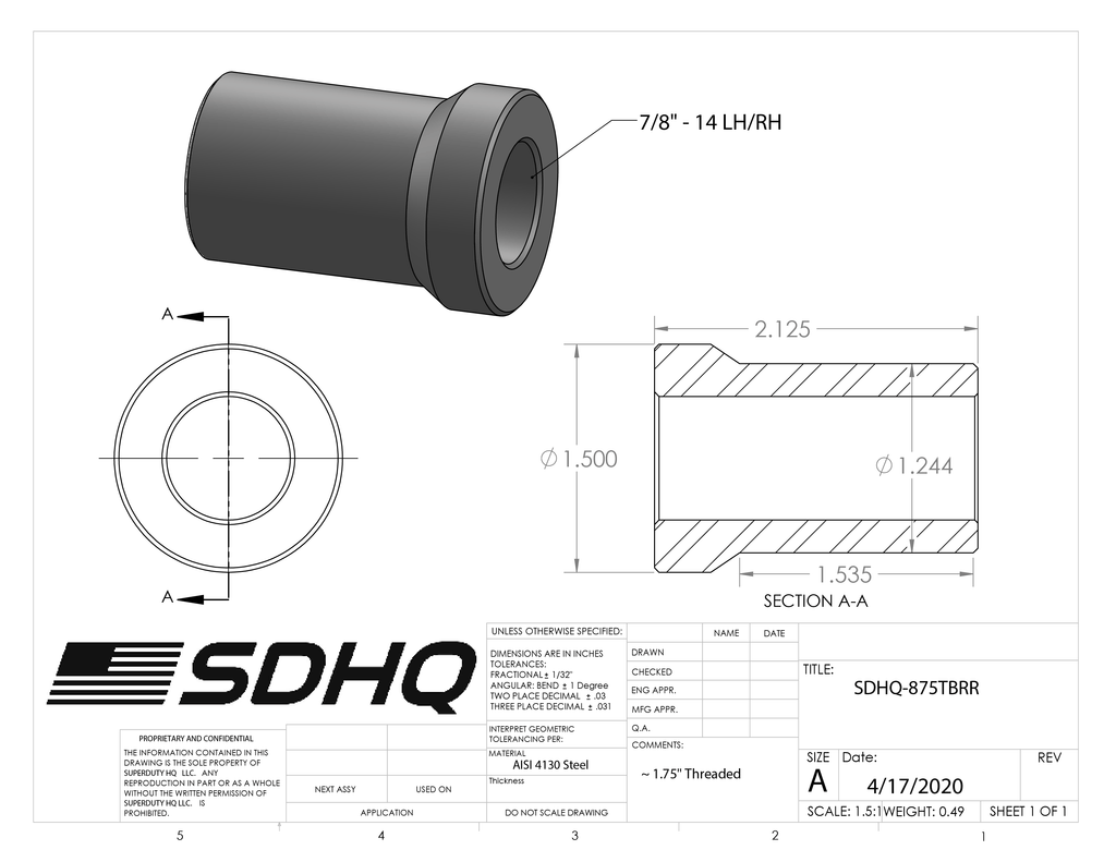 7/8" Race Style Chromoly Bung-14 LH/RH Race Style Bung SDHQ Off Road 